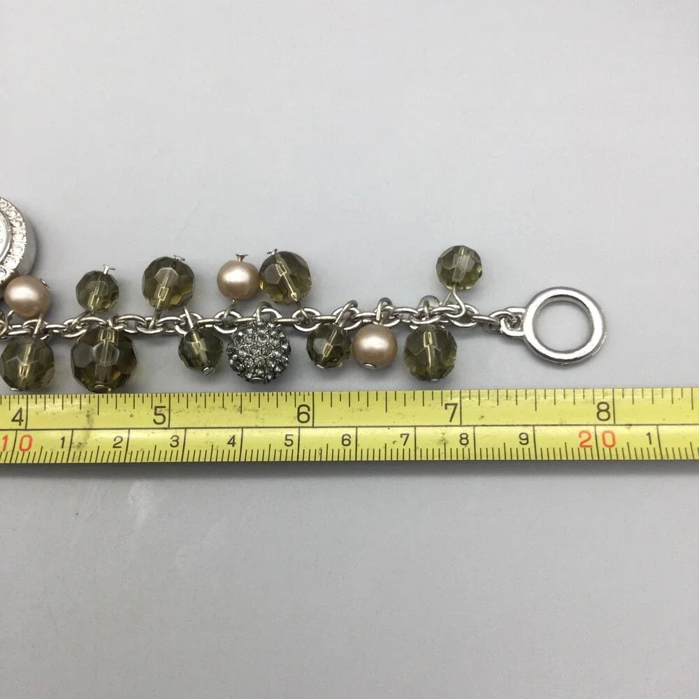 Beaded Charm Bracelet Womens Watch 22mm Silver Tone White Dial Crystal Bezel 8